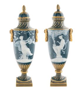 A PAIR OF ENGLISH PATE-SUR-PATE VASES, MINTONS, STOKE-UPON-TRENT, 1919