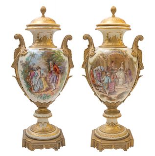 A PAIR OF MONUMENTAL ORMOLU-MOUNTED SEVRES-STYLE PORCELAIN VASES, 19TH CENTURY