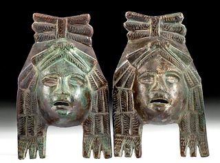 Roman Bronze Female Maskette Appliques, Matched Pair