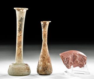Two Roman Glass Unguentaria & Redware Oil Lamp Fragment