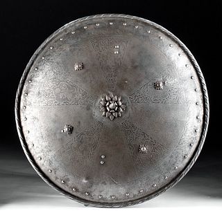 16th C. Italian Etched Steel & Leather Shield