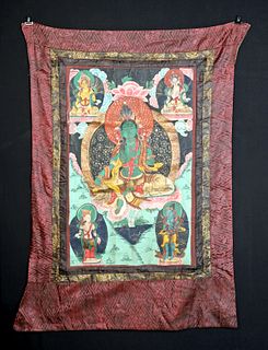 19th C. Tibetan Thangka Painted Canvas w/ Green Tara