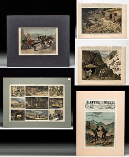 5 Antique Harper's Weekly Woodblock Engravings - Mining