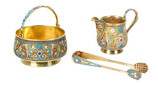 A RUSSIAN GILT SILVER AND CLOISONNE ENAMEL THREE-PIECE CREAM SET, MOSCOW, 1899-1908