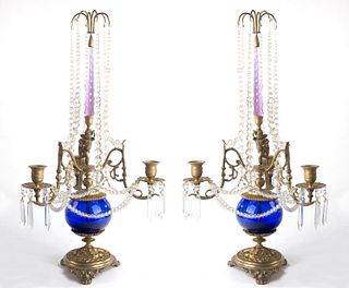 A PAIR OF NEOCLASSICAL RUSSIAN BRASS, CUT CRYSTAL AND COBALT GLASS CANDELABRA, 19TH CENTURY