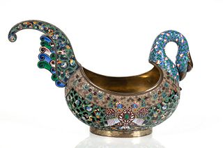 A LARGE RUSSIAN FABERGE-STYLE SILVER AND SHADED CLOISONNE ENAMEL KOVSH AFTER FYODOR RUKHERT, LATE 20TH CENTURY