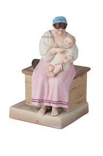 A RUSSIAN PORCELAIN FIGURE OF A PEASANT WOMAN WITH A CHILD, GARDNER PORCELAIN FACTORY, MOSCOW, LATE 19TH CENTURY