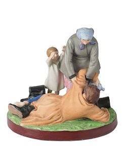 RUSSIAN PORCELAIN FIGURAL GROUP OF A PEASANT WOMAN PICKING UP HER DRUNKARD HUSBAND, GARDNER PORCELAIN FACTORY, MOSCOW, LATE 19TH CENTURY