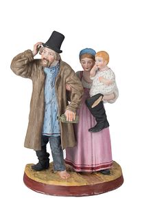 A RUSSIAN PORCELAIN FIGURAL GROUP OF A PEASANT WOMAN WITH A CHILD LEADING HER HUSBAND HOME FROM THE TAVERN, GARDNER PORCELAIN FACTORY, MOSCOW, LATE 19