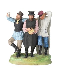 RUSSIAN PORCELAIN FIGURAL GROUP OF THREE TIPPLERS, OR DAY OFF, GARDNER PORCELAIN FACTORY, MOSCOW, 1870-1890S