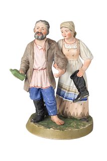 A RUSSIAN PORCELAIN FIGURAL GROUP OF A PEASANT WOMAN LEADING HER DRUNKEN HUSBAND HOME FROM THE TAVERN, GARDNER PORCELAIN FACTORY, MOSCOW, 1870-1890S