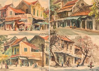 A SET OF FOUR WATERCOLOR CITYSCAPES BY LE CUU (VIETNAMESE 20TH CENTURY)