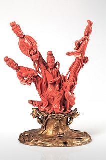 A CHINESE RED CORAL SCULPTURE WITH ORMOLU BASE, 19TH CENTURY