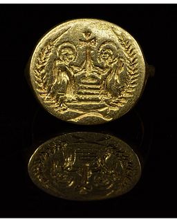 BYZANTINE GOLD RING WITH ANGELS AND CROSS