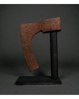 LARGE VIKING IRON DECORATED AXE ON STAND