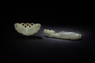 2 Chinese Jade Fish and Butterfly Carvings, Qing