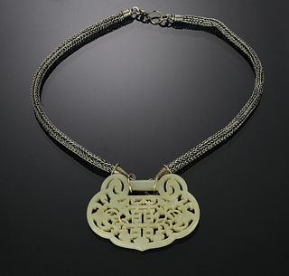 Chinese White Jade Plaque with Necklace, 19th Century