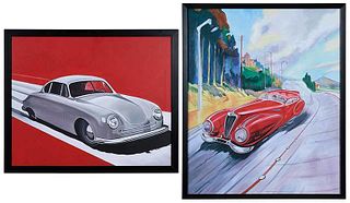 Two Contemporary Paintings of Vintage Cars