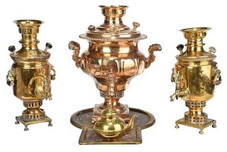 Three Brass Samovars with Tray and Teapot