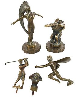 Five Bronze Figural Car Mascots, Radiator Caps