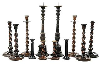 Six Pairs of Turned Wooden Candlesticks