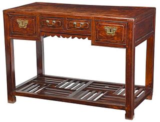 A Chinese Lacquer Decorated Four Drawer Desk