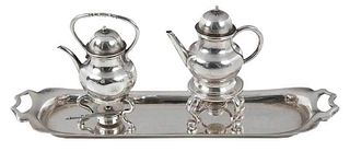 English Silver Miniature Hot Water Urns and Tray