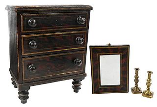 Faux Painted Miniature Chest and Mirror, Tapers
