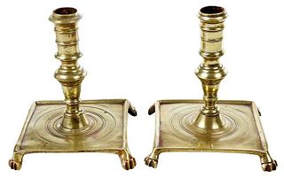 Pair Early Spanish Brass Candlesticks