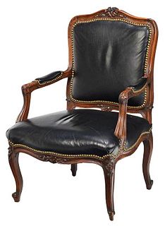 Provincial Louis XV Style Black Leather Armchair