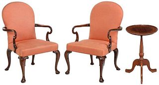 Pair Queen Anne  Style Armchairs, Candlestand