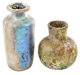 Two Small and Iridescent Roman Glass Bottles