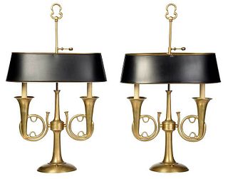 Pair Brass Hunt Motif Table Lamps