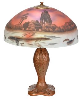 Reversed Painted Glass Shade with Bronze Lamp