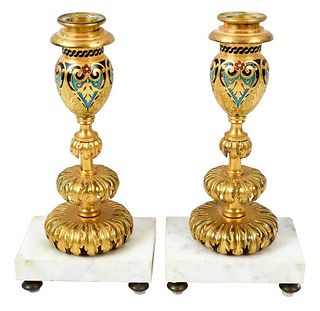 Pair of Gilt Bronze and Champleve Candlesticks