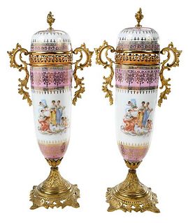 Pair of Sevres Style Lidded Porcelain Potpourri