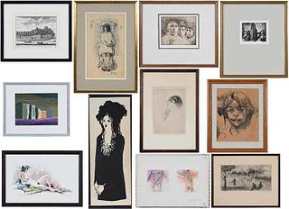 Eleven Framed Art Objects, Watercolors, Etchings