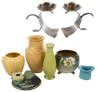 Six Art Pottery Vessels and Copper Candlesticks