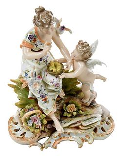 Porcelain Figurine of Woman with Putti and Birds