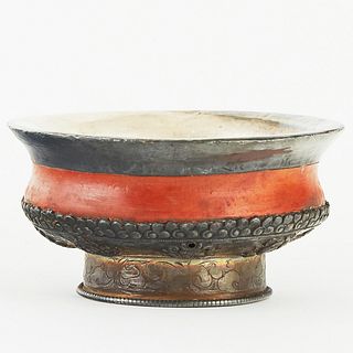 Tibetan Silver and Wood Bowl