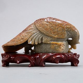 Chinese 20th c. Jade Carving Peacock with Stand