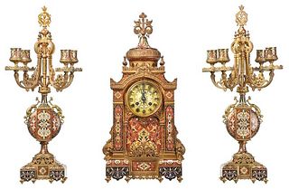 Fine Tiffany Gilt Bronze Champlevé  Clock Garniture