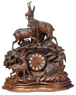 Large Black Forest Carved Figural Mantel Clock