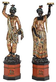 Pair of Venetian Blackamoor Figures on Pedestals