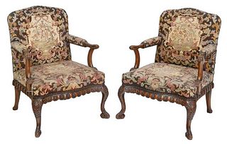 Pair Queen Anne Style Upholstered Armchairs
