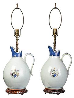 Pair Chinese Export Porcelain Pitcher Lamps