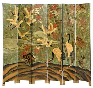 Six Panel Painted Lacquer Screen