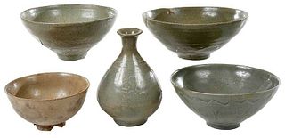 Five Korean Celadon Ceramic Vessels