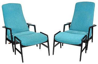 Pair Blue Upholstered Lounge Chairs and Ottomans