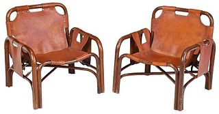 Pair Italian Leather and Bamboo Lounge Chairs